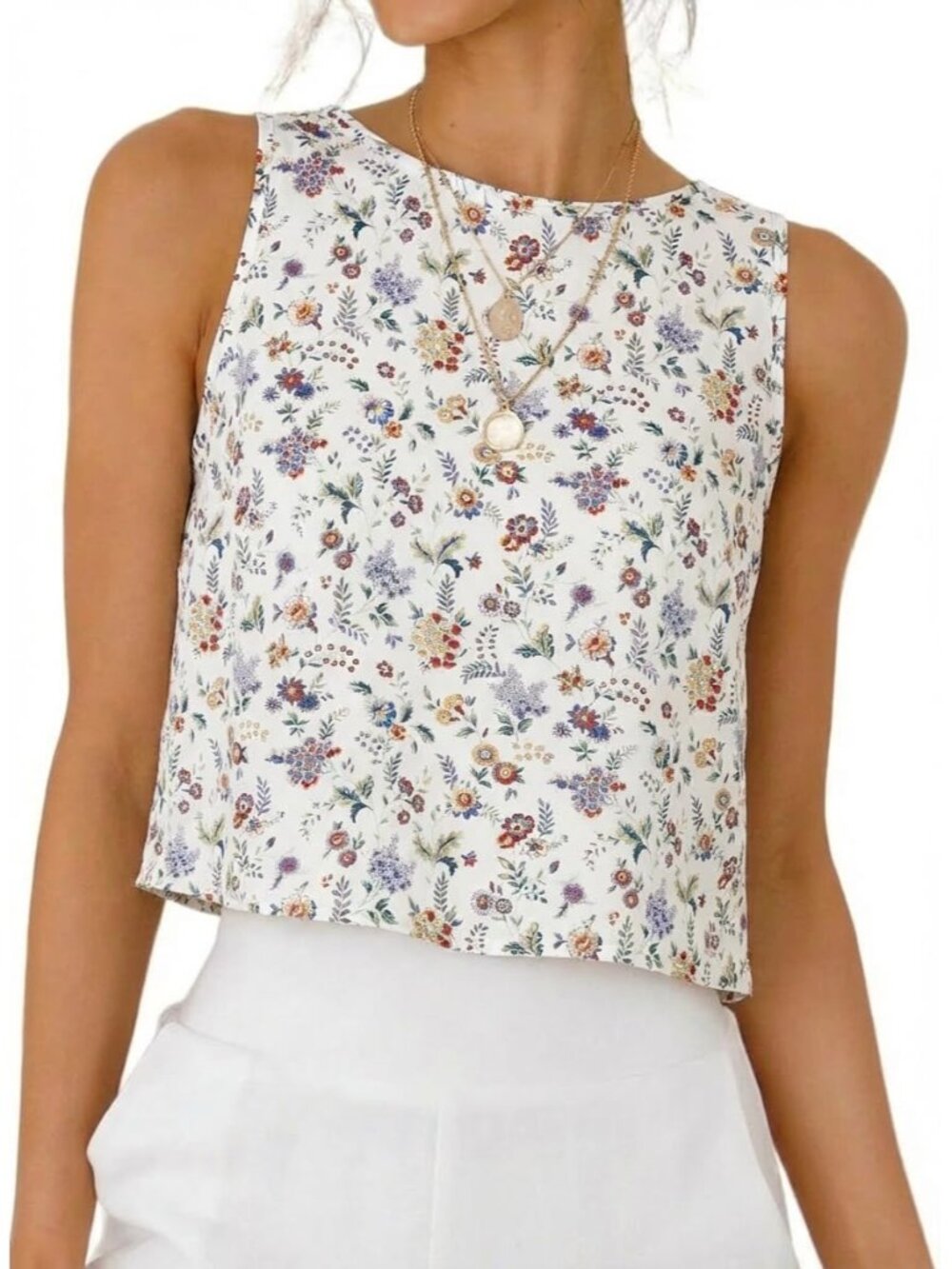Women's Floral White Button Linen Summer Beach Sleeveless Imported Tank Top